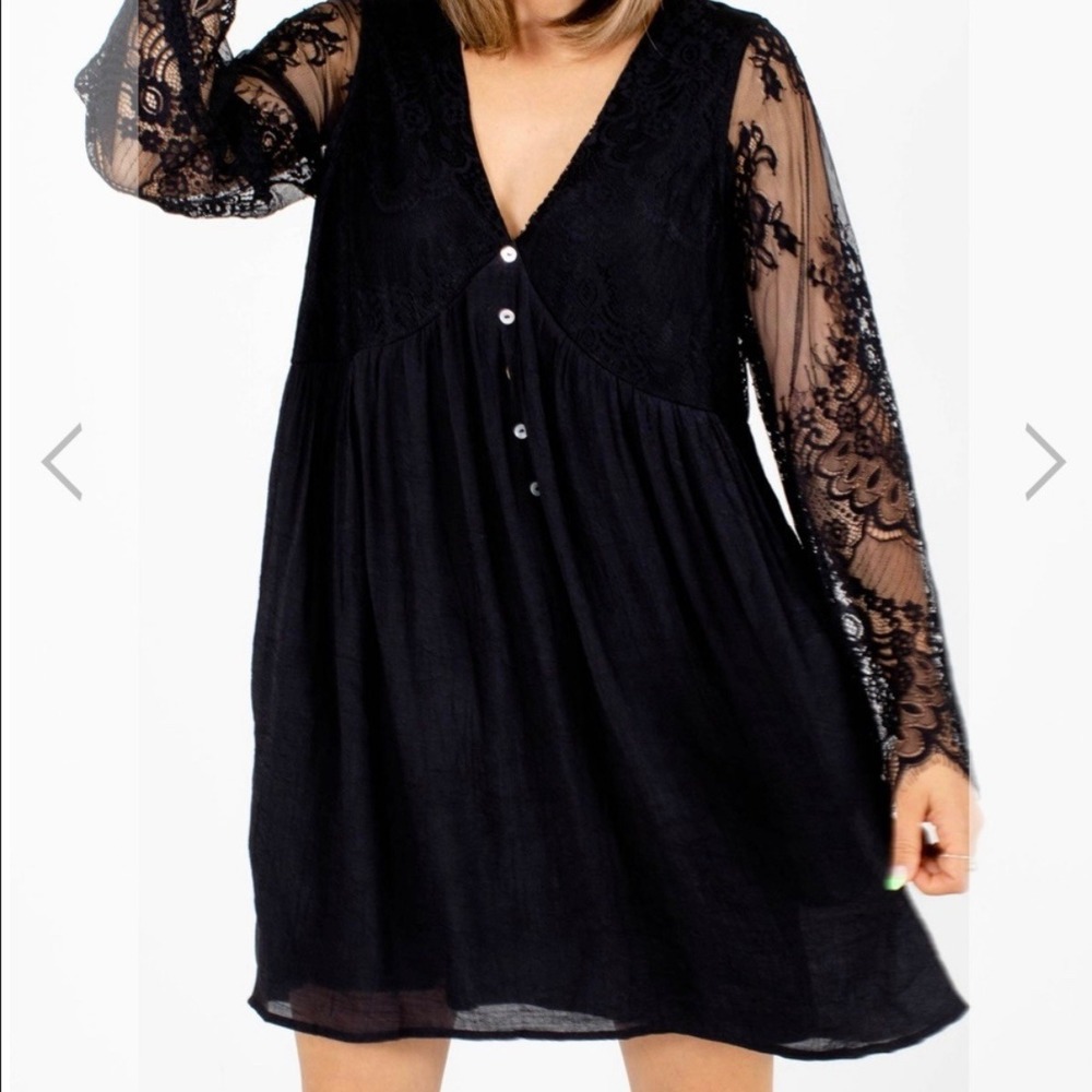 BaeVely Black Lace Sleeve V Neck Button Front Mini‎ Dress Womens Size L